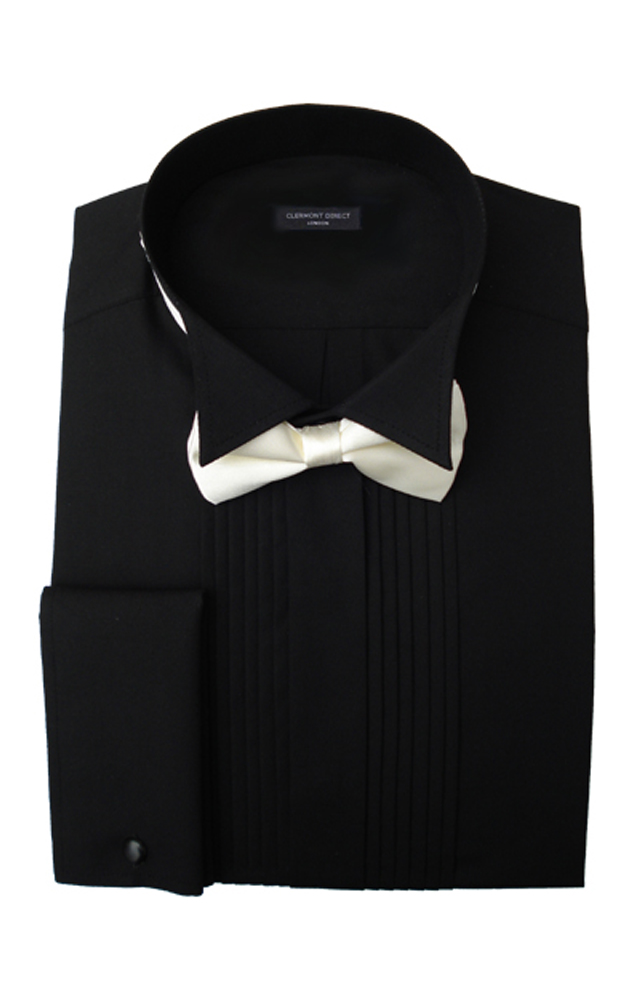 Black Pleated Wing Collar Dress Shirt